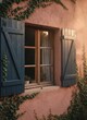 © KIMOG - Old Window with Open Blue Wooden Shutters on Rustic European House Facade