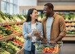 © KIMOG - Happy African American Man Looking at Asian Woman Holding Notebook While Grocery Shopping