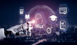 © InfiniteFlow - Futuristic robotic hand interacting with digital icons representing education, skill development, and knowledge advancement in a modern technological landscape. Glyphic.