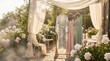 © Justlight - Sunlit garden terrace with three summer wedding guest dresses on a rack: a chiffon floral midi, a satin slip dress, and a pastel one-shoulder gown, surrounded by peonies, white chairs, and soft linen