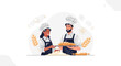 © Rendy - Smiling Bakers with Fresh Bread, Flour, and Wheat Stalks | Vector Illustration