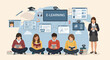 © Ai - Students learning online with digital devices and educational icons.