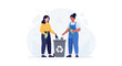 © Sena - Two women recycling glass bottles into a bin with recycling symbol