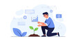 © Pradipta - Businessman nurturing a growing plant, symbolizing business growth, investment, and startup development with data charts and communication icons.
