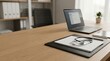 © lianlian liang - Empty doctor consulting room featuring wooden desk with stethoscope resting on patient chart paperwork beside modern laptop computer and digital tablet.