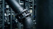 © CK Studio - Dark industrial pipe with water droplets on bolted flange, factory interior, for fluid processing and engineering infrastructure.