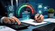 © Yi - Businessman analyzing risk management dashboard with holographic interface, financial data charts and graphs on desk, calculator and notebook, investment strategy planning