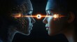 © Milana - profile of a glowing circuit-patterned digital face linking by a bright beam of light to a real human profile, suggesting focused connection and curious intensity