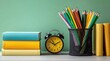 © letter - stacked colorful hardcover books beside a black alarm clock and a mesh cup of sharpened colored pencils on a tidy desk against a soft green wall, evoking cheerful focused study
