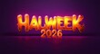 © zhuan - glossy orange gold 3d letters spelling halweek 2025 glowing on a reflective purple background, celebratory and futuristic mood