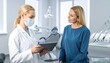 © AULIA - A female healthcare professional reviews a tablet with a patient in a medical examination room