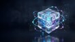 © Abu - Abstract 3d cube with glowing particles and orbiting rings on dark background