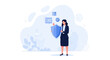 © Viona - Businesswoman holding shield, symbolizing data security and protection, with abstract background and icons