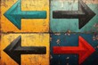 © zong - Four weathered painted arrows on distressed metal panels, two pointing left and two pointing right, bold contrasting colors and gritty vintage texture suggesting tension and movement