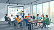 © tika - This flat design illustration showcases diverse professionals actively collaborating and brainstorming in a sleek, modern corporate meeting room.