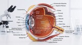 Cross section of human eye showing labeled anatomy including cornea iris pupil lens retina optic nerve sclera macula and blood vessels in clinical laboratory setting