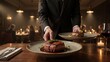 © Happy - Stunning photo of Professional waiter serving a gourmet beef steak dinner in a luxury restaurant atmosphere