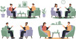 © MdNazmul - Psychotherapy and Mental Health Counseling Vector Set: Flat Cartoon Patients and Therapists Talking in Armchairs for Psychological Support, Consultation, Coaching, and Therapy Design