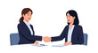 © Siska - Flat vector illustration of two businesswomen in navy suits shaking hands over a desk with documents and a pen, symbolizing professional agreement, partnership, and successful business meeting.