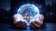 © Sanur - Conceptual image of human hands holding a glowing digital sphere with a house inside representing home security and real estate technology