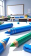 © Kentos - Colorful Pencils on School Classroom Desk Background.