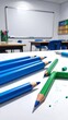 © Emann - Colored Pencils Arranged on a Classroom Table with Whiteboard Background.
