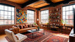© Rendara Studio - Eclectic industrial loft living room with brick walls leather sofa and colorful art