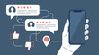 © Dedeh - Illustration of hand holding smartphone with floating customer reviews speech bubbles and star rating icons, Representing reputation management and provides visual concept for feedback