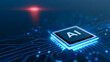© A2Z AI  - Close up of an AI processor chip on a circuit board with glowing blue lights and a red digital signal, symbolizing advanced technology and data processing