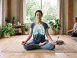 © kalindu - Woman in Lotus Pose Meditation with Glowing Lungs Overlay – Yoga Breathing Exercise, Lung Health and Mindfulness Wellness Concept