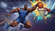 © Kavishka - Powerful basketball player slamming a dunk in a dramatic comic book style illustration, muscular athlete scoring a basket with explosive energy splash effect in crowded stadium arena