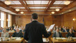 © Curioso.Photography - Defense attorney presenting arguments before a jury in a courtroom during a criminal trial.