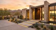 © Ahmed - A luxurious modern desert courtyard house exterior with stone facade, large windows, and warm lighting at sunset