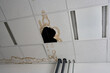 © beautiful-photo.de - Water damage on a suspended office ceiling with a large hole and brown stains from a leak. Damaged tile in a T-bar ceiling structure requiring repair due to flooding or pipe burst.