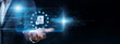 © NexPix - Compliance officer holds a handheld tool to check a virtual screen securing complex Data Privacy regulations. Encrypted user credentials and secure information storage are managed now.