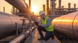© ChaoticDesignStudio - Petrochemical technician using digital tablet for pipeline inspection during sunset. Maintenance specialist monitoring oil and gas infrastructure at industrial refinery plant.