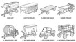 © Laskar Studio - Agricultural vehicles and equipment illustrations including farm wagons and trailers in a rural landscape setting from a side viewpoint.