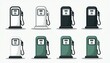 © Viktor - Collection of diverse gas pump icons in white, black, green colors. These symbols represent fuel, gasoline, service stations for vehicles. Icons show pumps with hoses, nozzles for easy refilling.