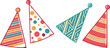 © Marjahan - Set of colorful party hats with various patterns including stripes and polka dots, festive birthday celebration accessories for parties and holidays