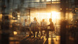 © Trends and Trove - Double exposure image of many business people conference group meeting on city office building in background showing partnership success of business deal. Concept of teamwork,