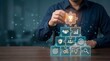 © emwe studio - Strategic business success concept featuring a professional completing a glowing glass puzzle pyramid with a winning trophy icon representing goal achievement.