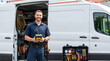 © Len_mik - Smiling male HVAC technician standing by his white service van. Professional repairman holding a diagnostic tool with an open equipment case