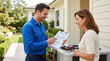 © Len_mik - HVAC technician discussing air conditioner maintenance schedule with homeowner. Smiling professional explaining service checklist to female customer outdoors