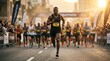© Masque - A determined athlete leads the marathon race through crowded city streets.