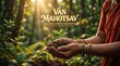 © Olga Ко - Van Mahotsav Indian forest festival poster. Traditional Indian woman hands in beautiful bangles holding fertile soil with a growing green sapling. Lush sunny forest background with eco-friendly