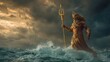 © Joyce - Greek mythology sea god Poseidon. Fantasy. A vivid portrayal of Poseidon, the Greek god of the sea, standing atop a wave. Poseidon is depicted in a dynamic pose, holding a trident in his right hand.