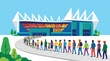 © MopoWe - Stadium entrance queue with diverse spectators in modern flat vector for athletic event ticketing