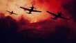 © 秀晃 岡庭 - 赤い夕焼け空を飛ぶ戦闘機のシルエット、戦争や緊張感を表すドラマチックなミリタリー背景素材