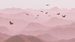 © akalith.studio - 霧がかったピンクの山並みと上空を羽ばたく鳥の群れの幻想的な風景 生成AI