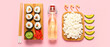 © Pixel-Shot - Sushi rolls with rice, shrimp, avocado and soy sauce bottle